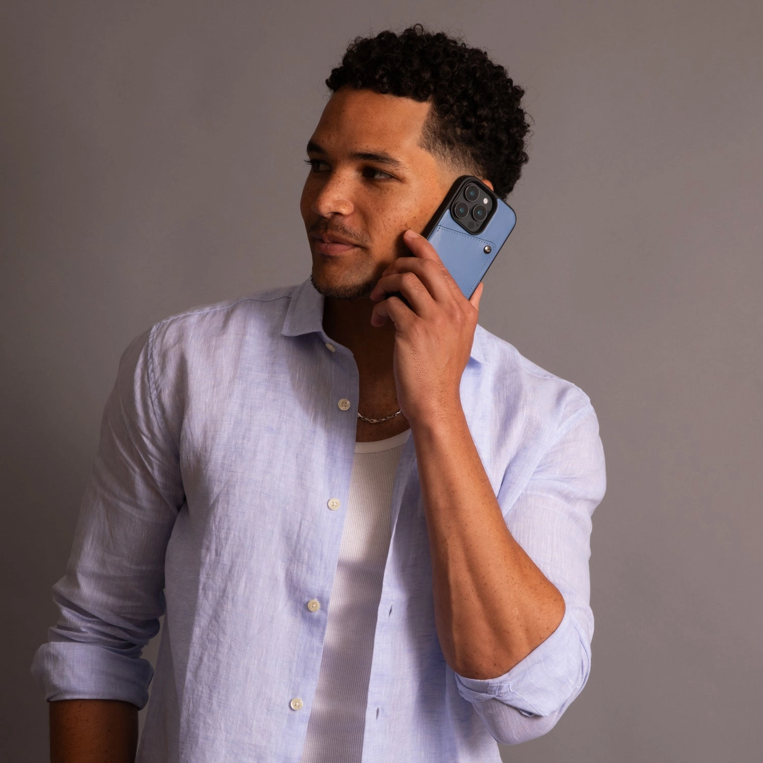 Grip Finish Alex Smooth Leather Wallet Phone Case (no D-rings) - Denim Blue/Pewter