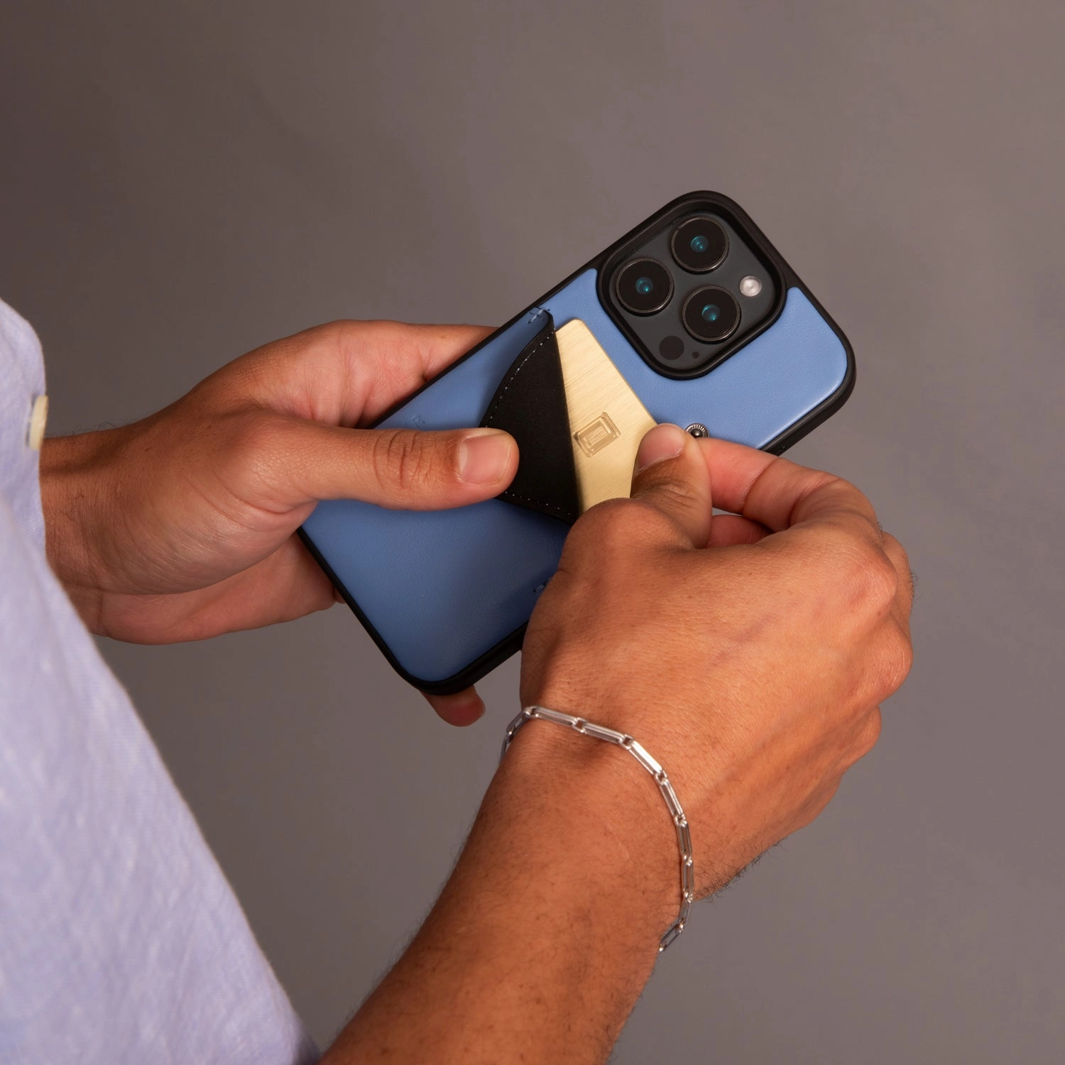 Alex Smooth Leather Wallet Phone Case (no D-rings) - Denim Blue/Pewter Shock Cushion