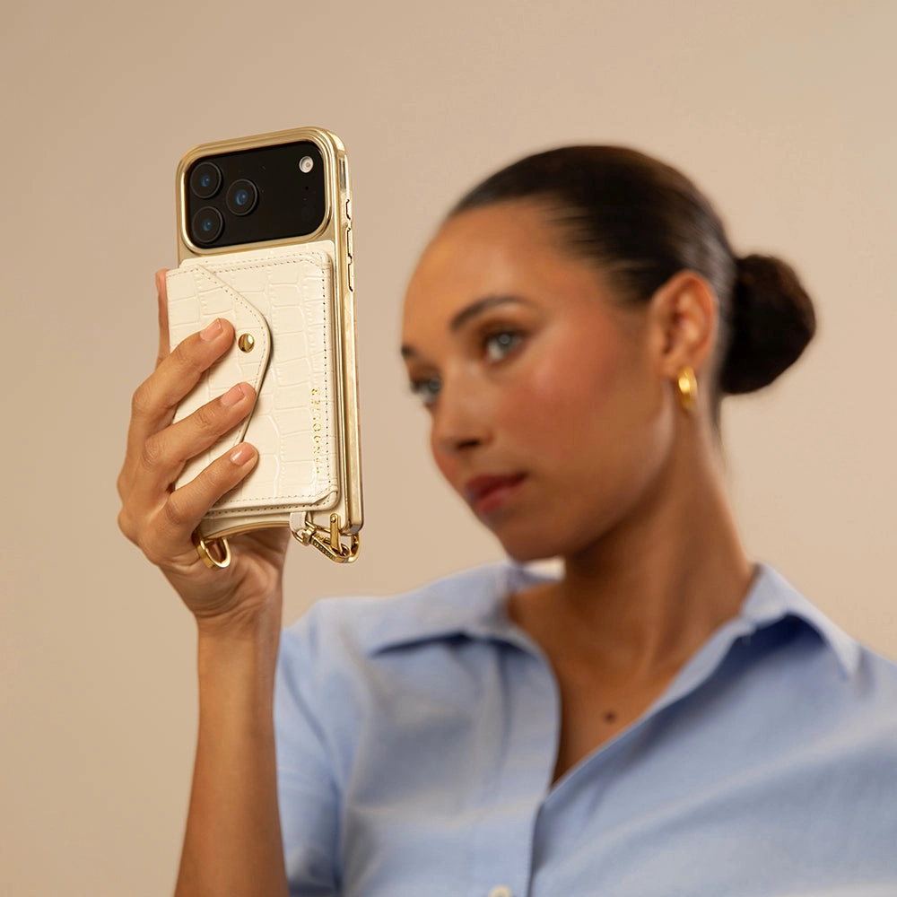 Durable Finish Layer Remi Chrome Magnet Wallet Crossbody Phone Case - Ivory Croc/Gold