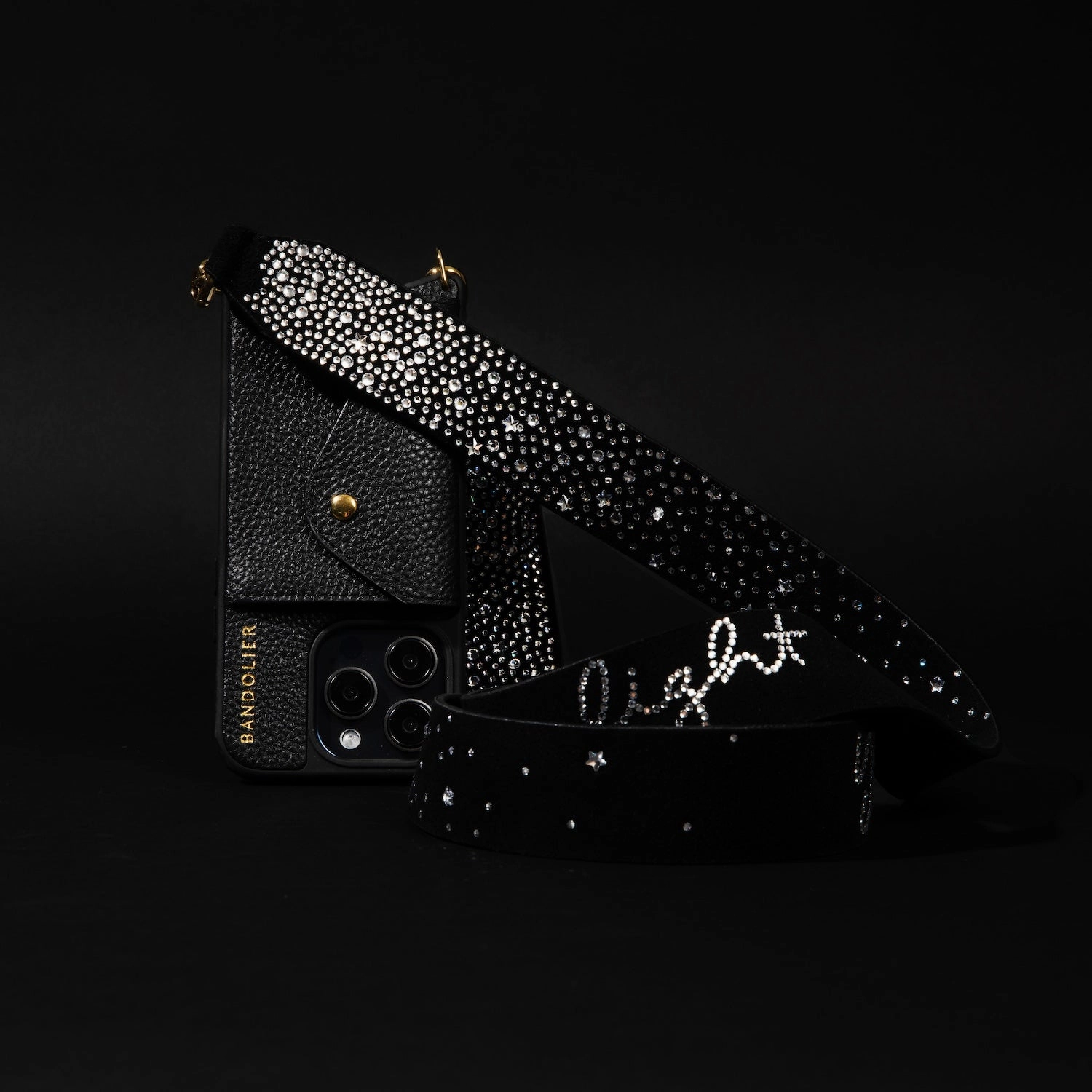 Alanis Rhinestone Side Slot Leather Crossbody Bandolier - Black/Gold Smooth Texture Pattern Luxury Appeal