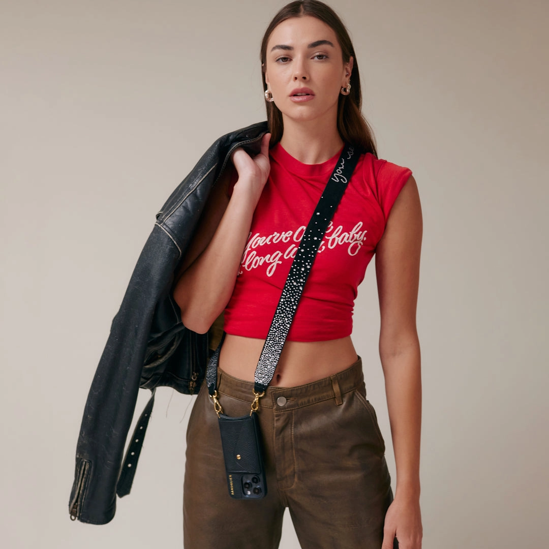 Soft touch layer Alanis Rhinestone Side Slot Leather Crossbody Bandolier - Black/Gold