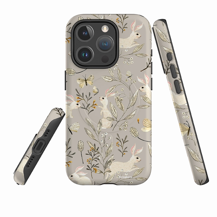 iPhone MagSafe Tough Case - Bunnies Grey By Katherine Quinn Clear Finish Stylish Detail Layer