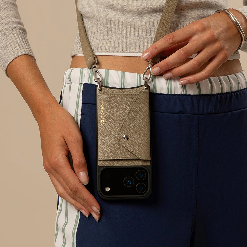 Hailey Side Slot Leather Crossbody Bandolier - Greige/Silver Matte Texture Layer Modern Design Texture