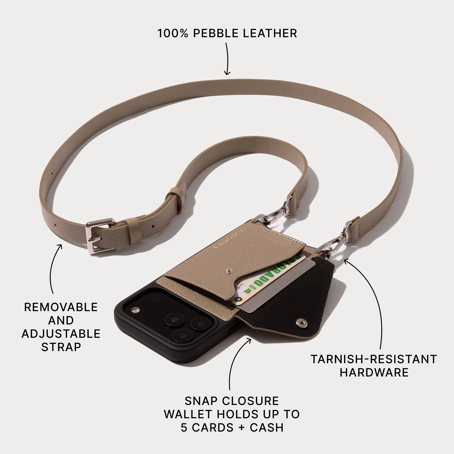 Shock Absorbing Hailey Side Slot Leather Crossbody Bandolier - Greige/Silver