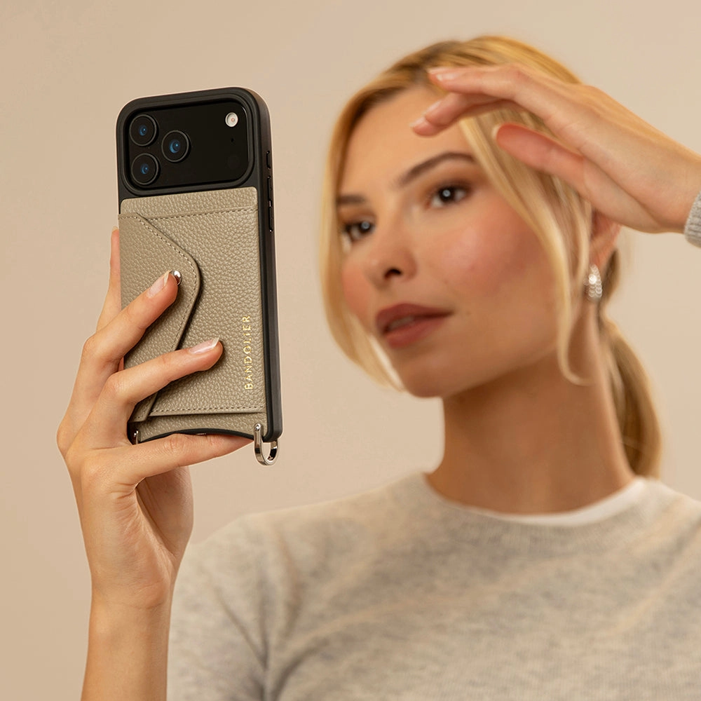 Durable Frame Hailey Side Slot Leather Crossbody Bandolier - Greige/Silver