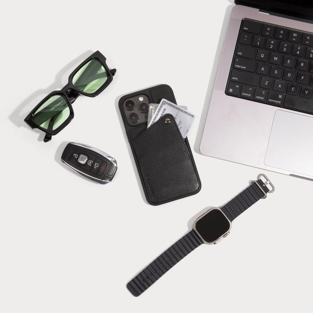 Alex Pebble Leather Wallet Case (no D-rings) - Black/Pewter Pocket Safe Dust proof