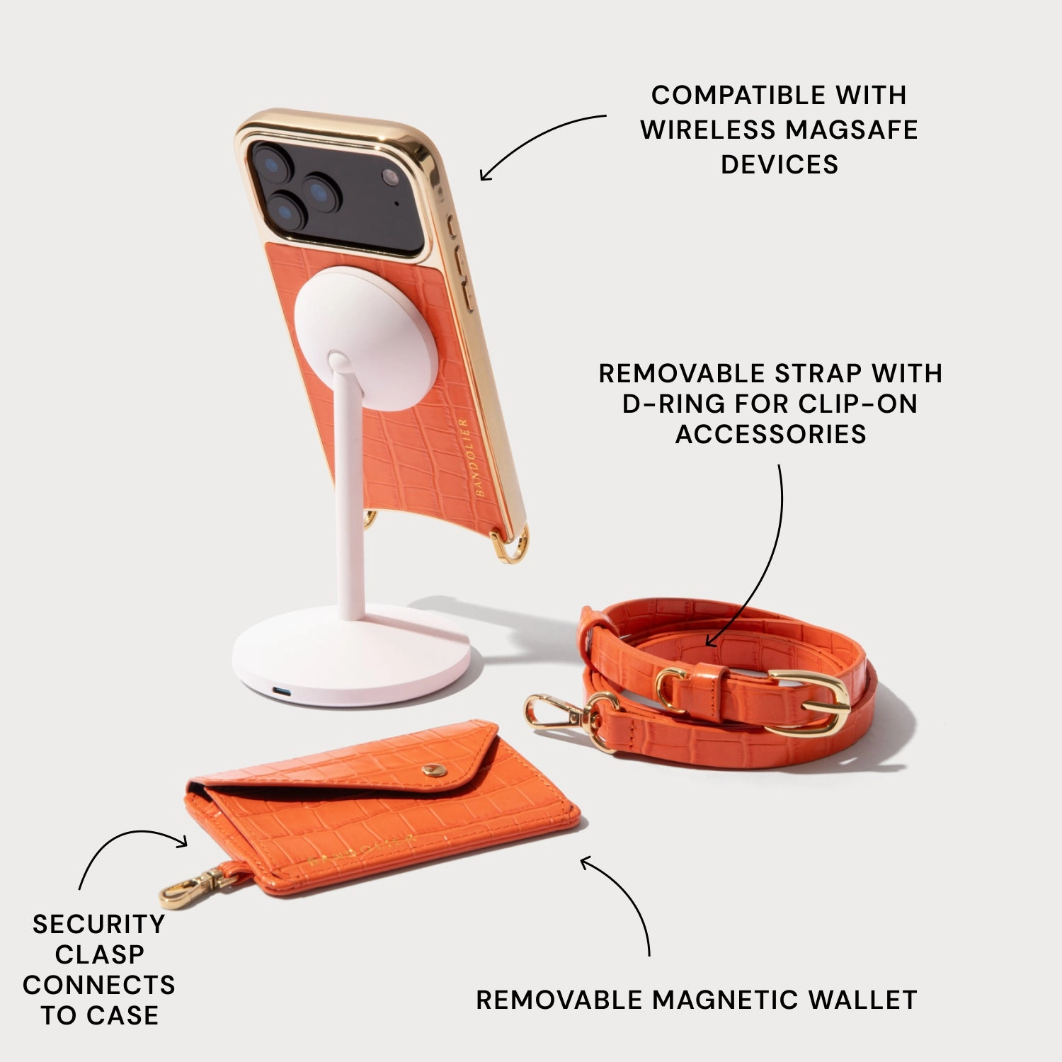 Drop Protection Remi Magnet Wallet Crossbody Phone Case - Orange Croc/Gold