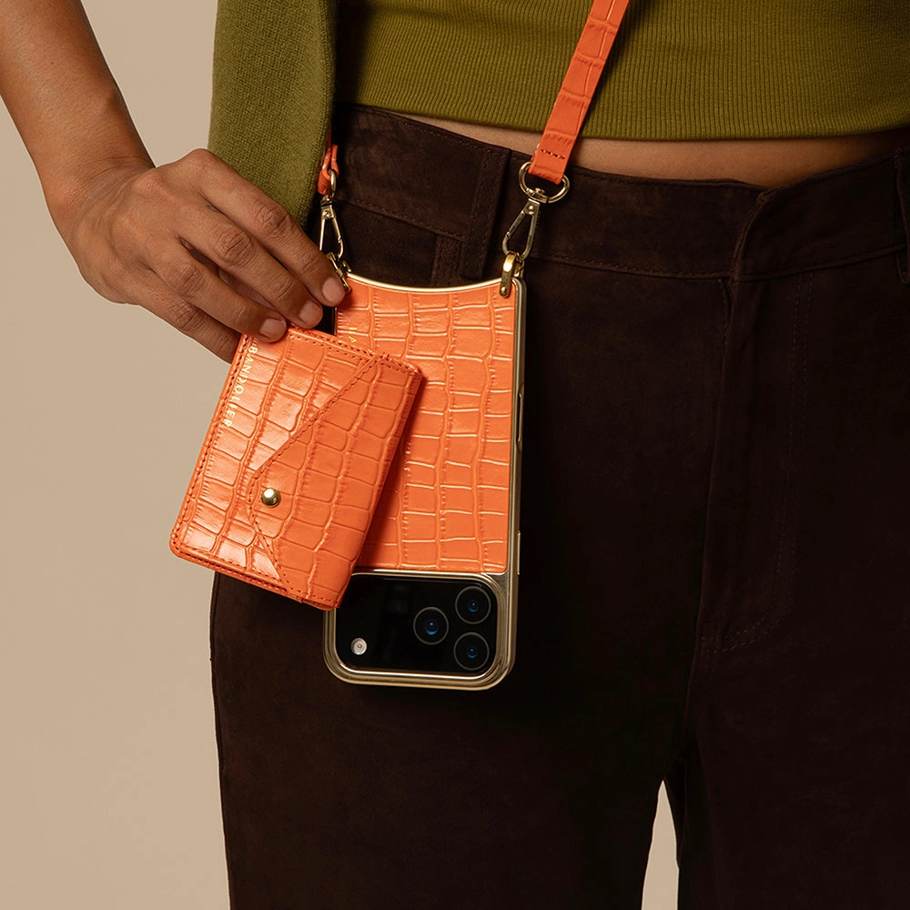 Remi Magnet Wallet Crossbody Phone Case - Orange Croc/Gold Glossy Texture Layer
