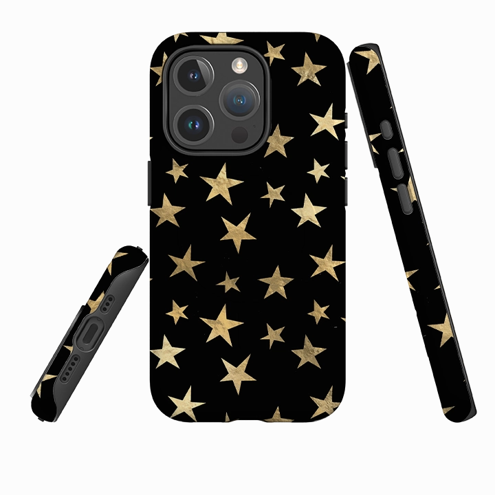 iPhone MagSafe Tough Case - Black and Gold Stars Transparent Look Durable Edge Finish