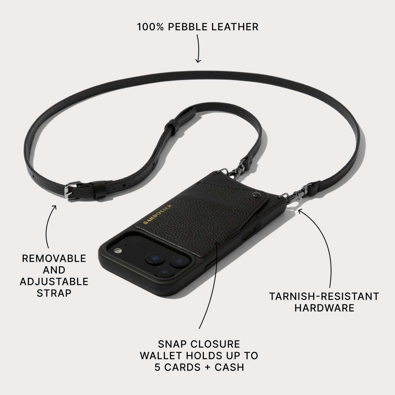 Durable Quality Matte Build Emma Pebble Leather Crossbody Bandolier - Black/Pewter