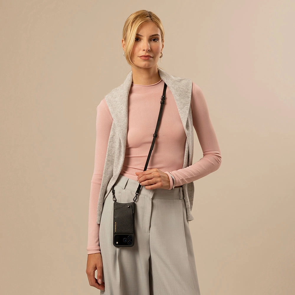 Emma Pebble Leather Crossbody Bandolier - Black/Pewter Shock Frame Soft Shape