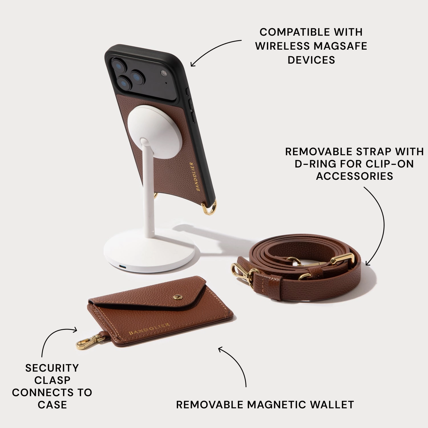 Elegant Appearance Hybrid Texture Layer Remi Magnet Wallet Crossbody Phone Case - Cognac/Gold