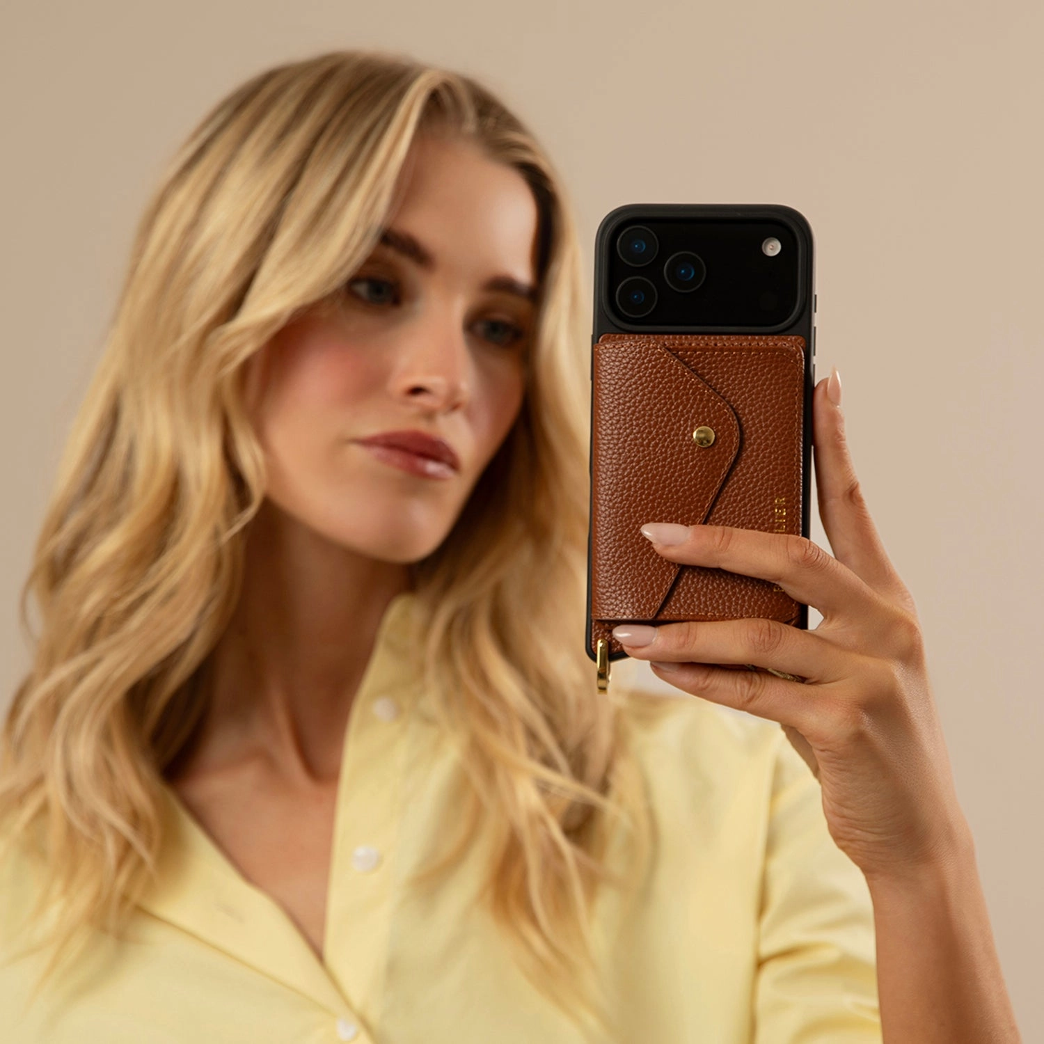 Remi Magnet Wallet Crossbody Phone Case - Cognac/Gold Polished Touch Comfort Texture Finish