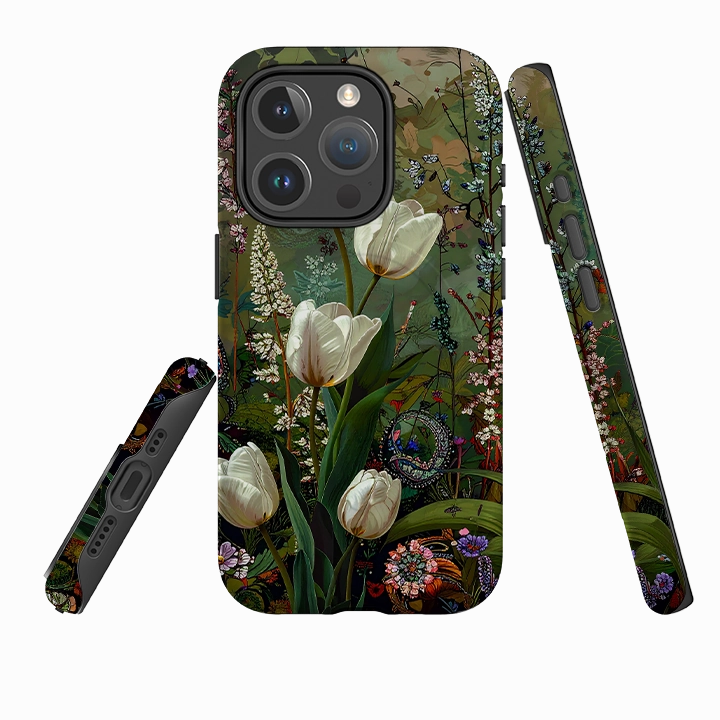 Durable Design Texture iPhone MagSafe Tough Case - Green Vyne White Tulips