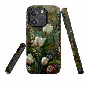 Durable Design Texture iPhone MagSafe Tough Case - Green Vyne White Tulips