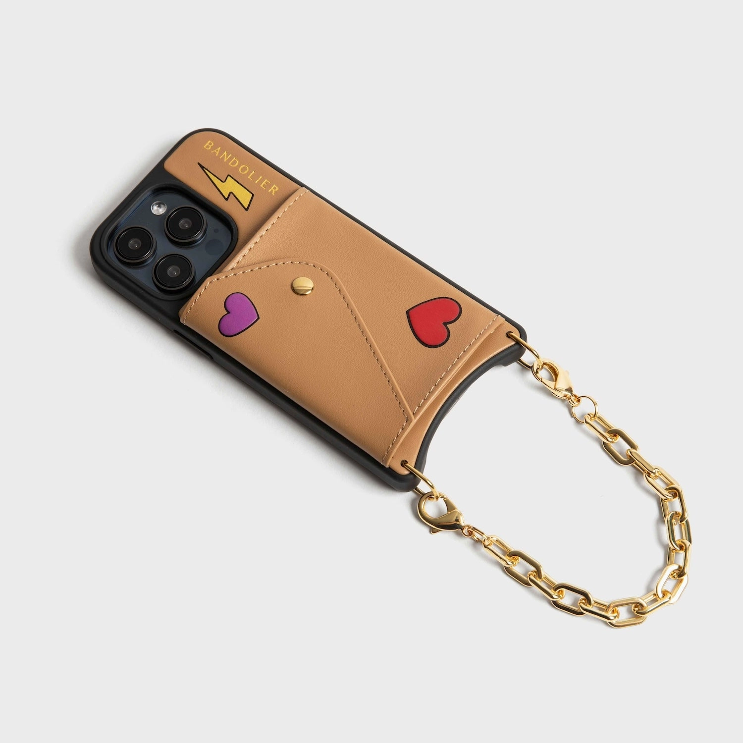 Gia Bolt Side Slot Leather Crossbody Bandolier Set - Electric Heart/Tan/Gold on Vivid Pattern Design