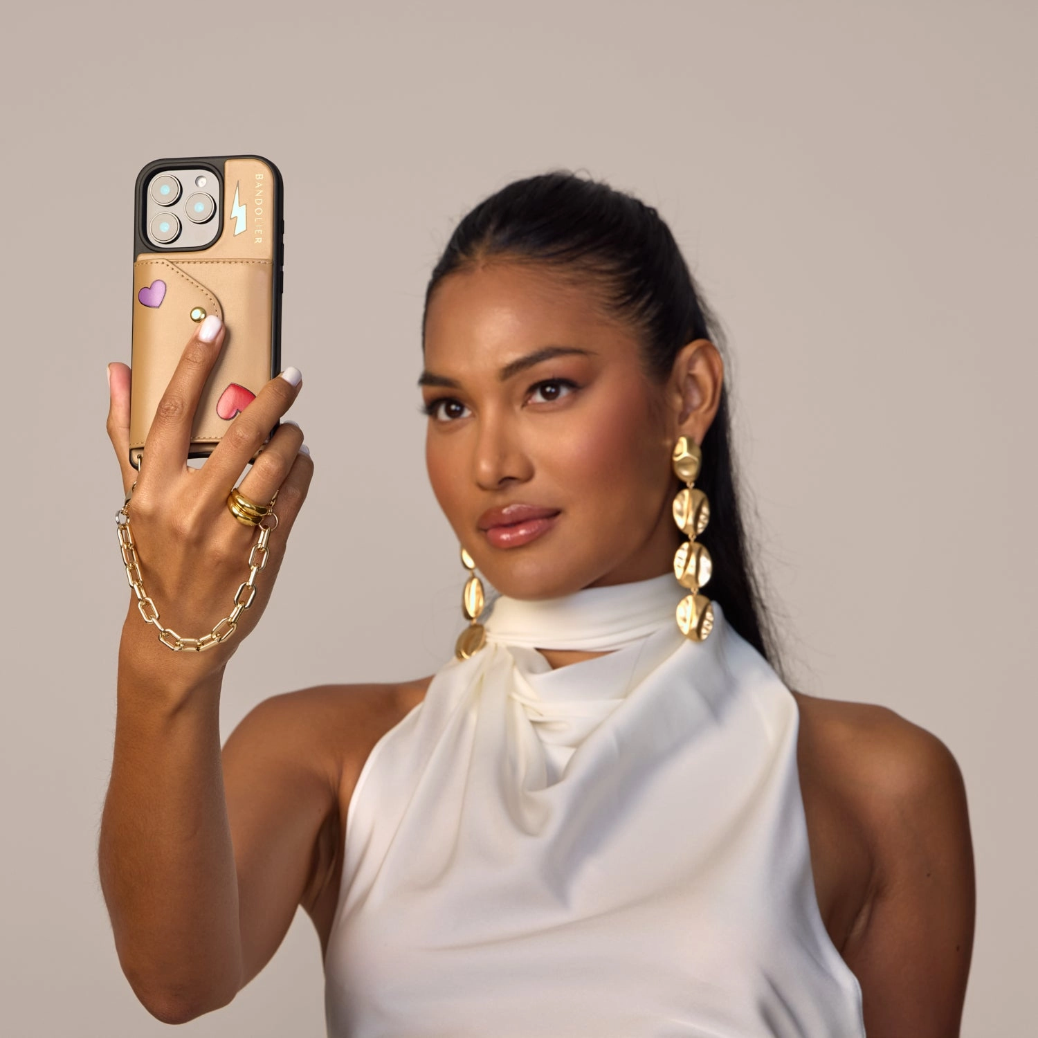 Gia Bolt Side Slot Leather Crossbody Bandolier Set - Electric Heart/Tan/Gold on Luxury Surface Layer Fashion Choice