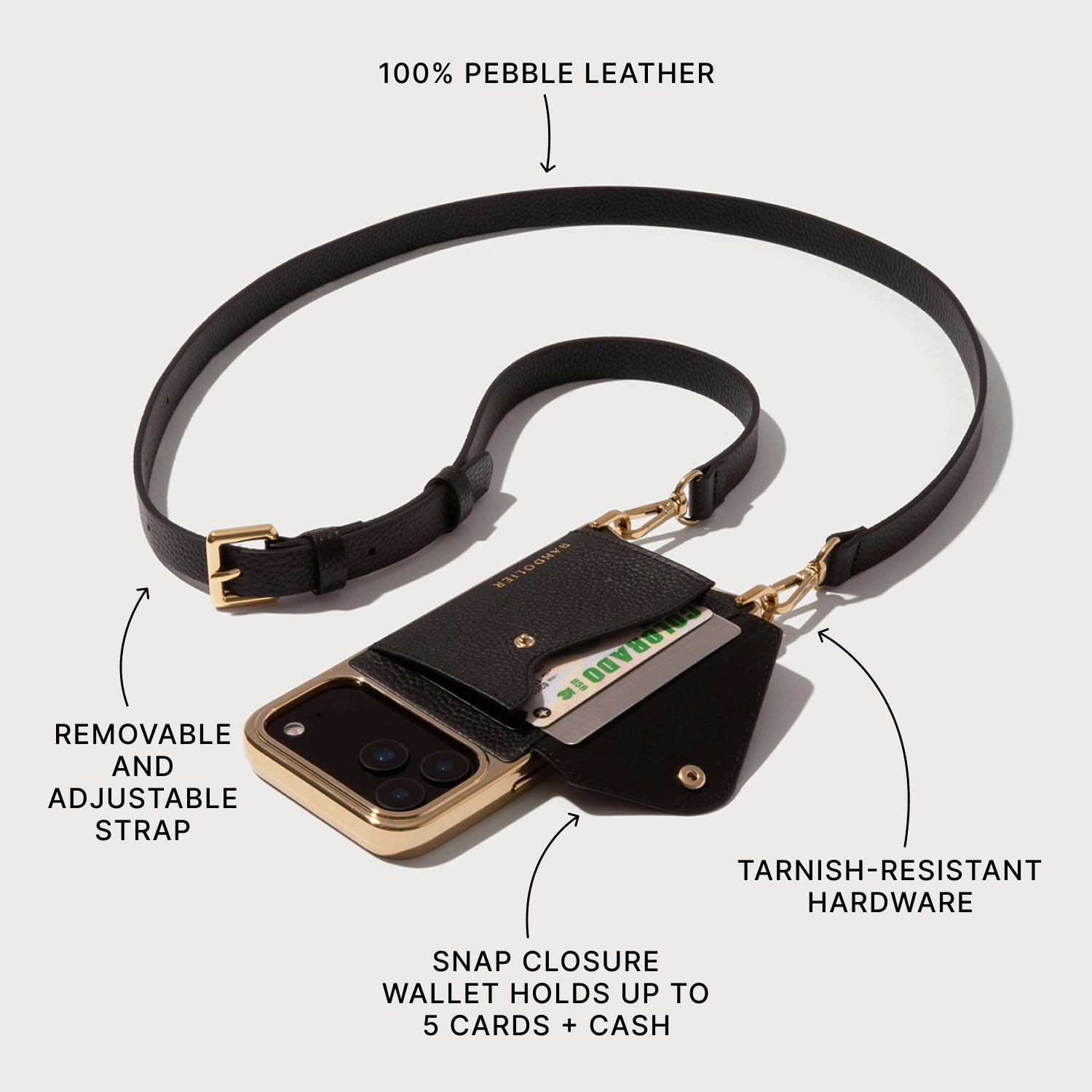Hailey Chrome Crossbody Phone Case - Chrome Black/Gold Luxury Build