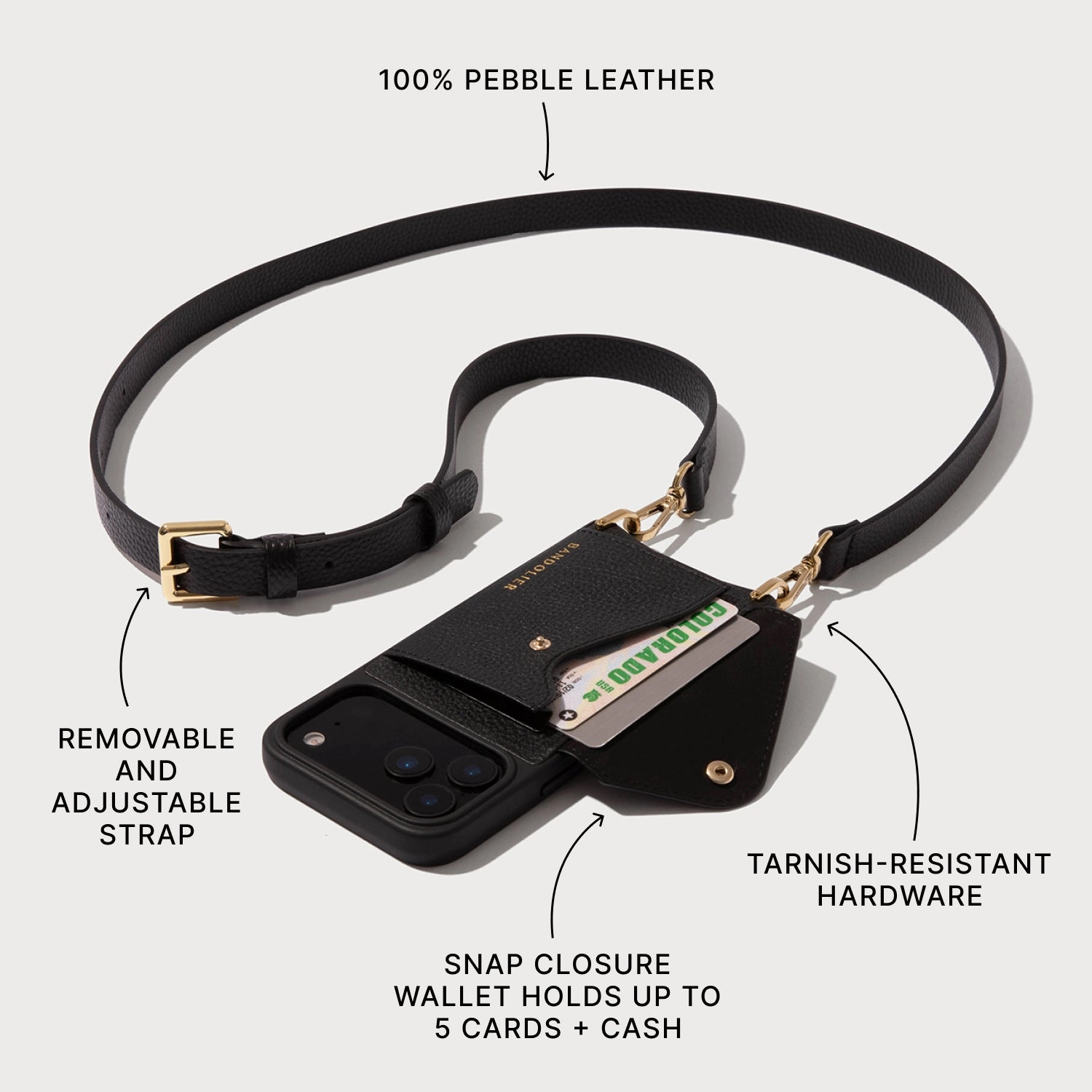 Hybrid Build Texture Hailey Side Slot Leather Crossbody Bandolier - Black/Gold