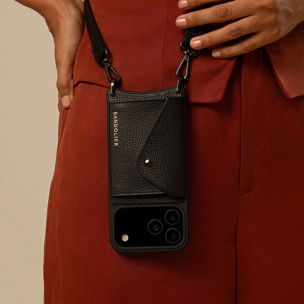 Hailey Side Slot Leather Crossbody Bandolier - Black/Pewter Rugged Feel