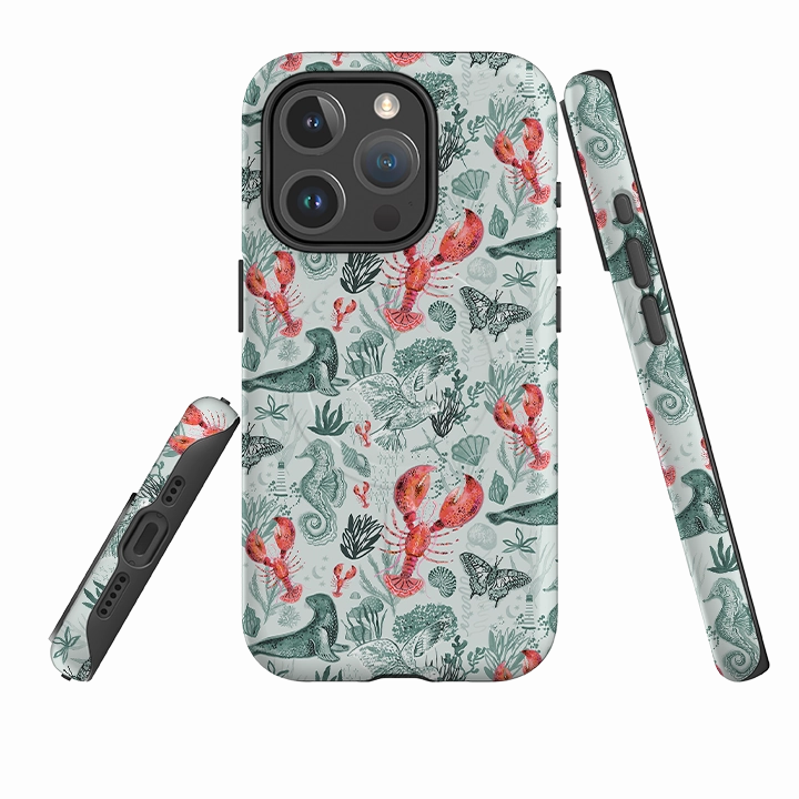 Soft Edge Detail Matte Look iPhone MagSafe Tough Case - Teal Seals and Lovely Lobsters By Emma Frances Grant