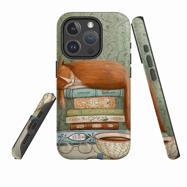 Shock Surface Comfort touch iPhone MagSafe Tough Case - Cat and Books By Maja Lindberg