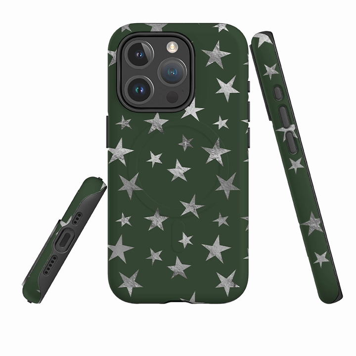 iPhone MagSafe Tough Case - Green and Silver Stars Soft Frame