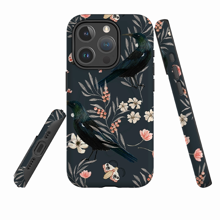 iPhone MagSafe Tough Case - Moths and Tuis By Katherine Quinn Bold Look Flexible Grip Texture