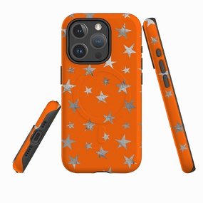Luxury Look Slim Fitment iPhone MagSafe Tough Case - Orange and Silver Stars