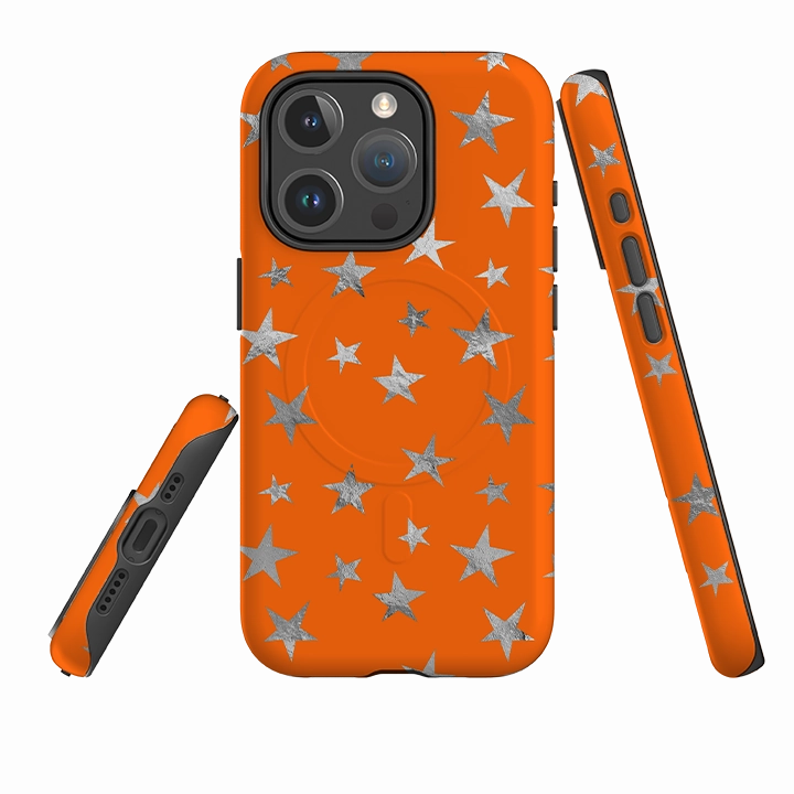 Luxury Look Slim Fitment iPhone MagSafe Tough Case - Orange and Silver Stars