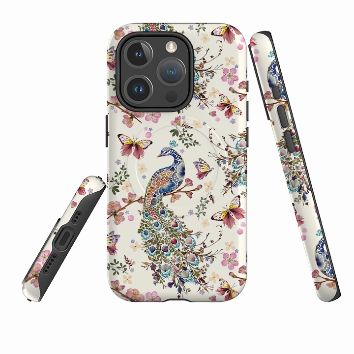 Hybrid Surface Layer iPhone MagSafe Tough Case -  Peacock and Cherry Blossoms By Helen Ahpornsiri