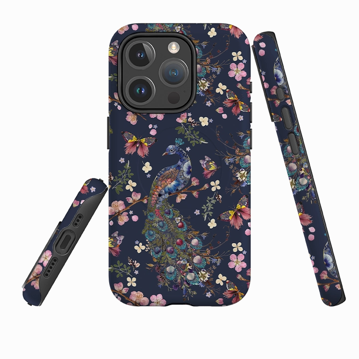 Flexible Edge Texture iPhone MagSafe Tough Case -  Peacock and Cherry Blossoms Iris By Helen Ahpornsiri