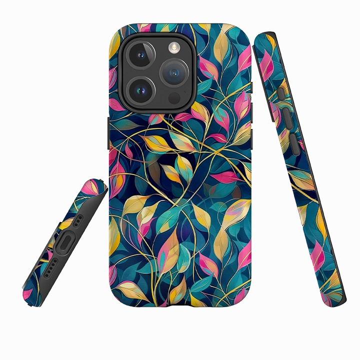 Durable Texture Layer Matte Design Texture iPhone MagSafe Tough Case - Pink and Teal Leaves