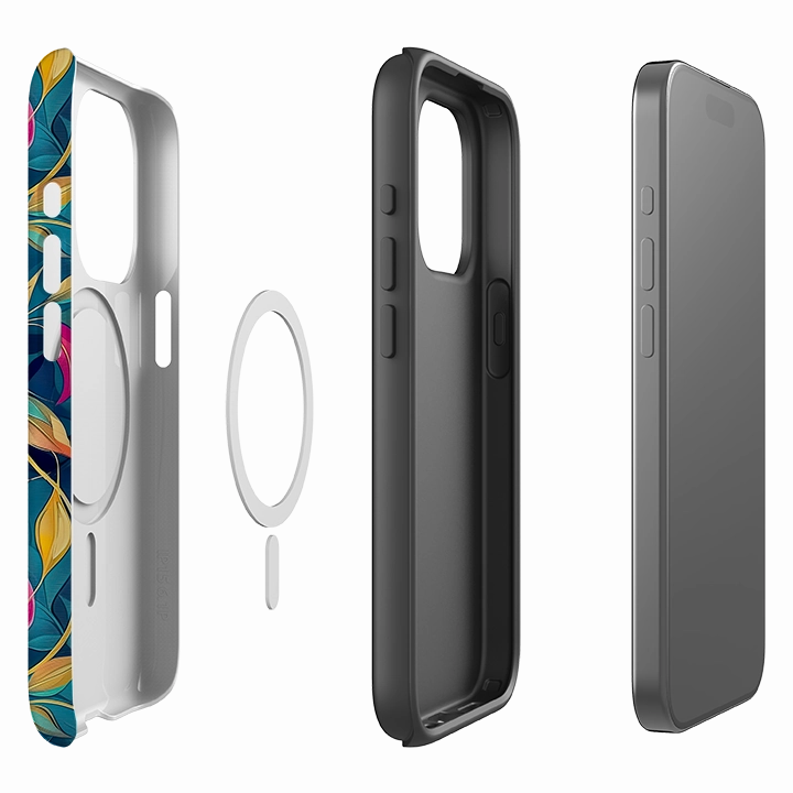 iPhone MagSafe Tough Case - Pink and Teal Leaves Protective Look Premium Pattern Design