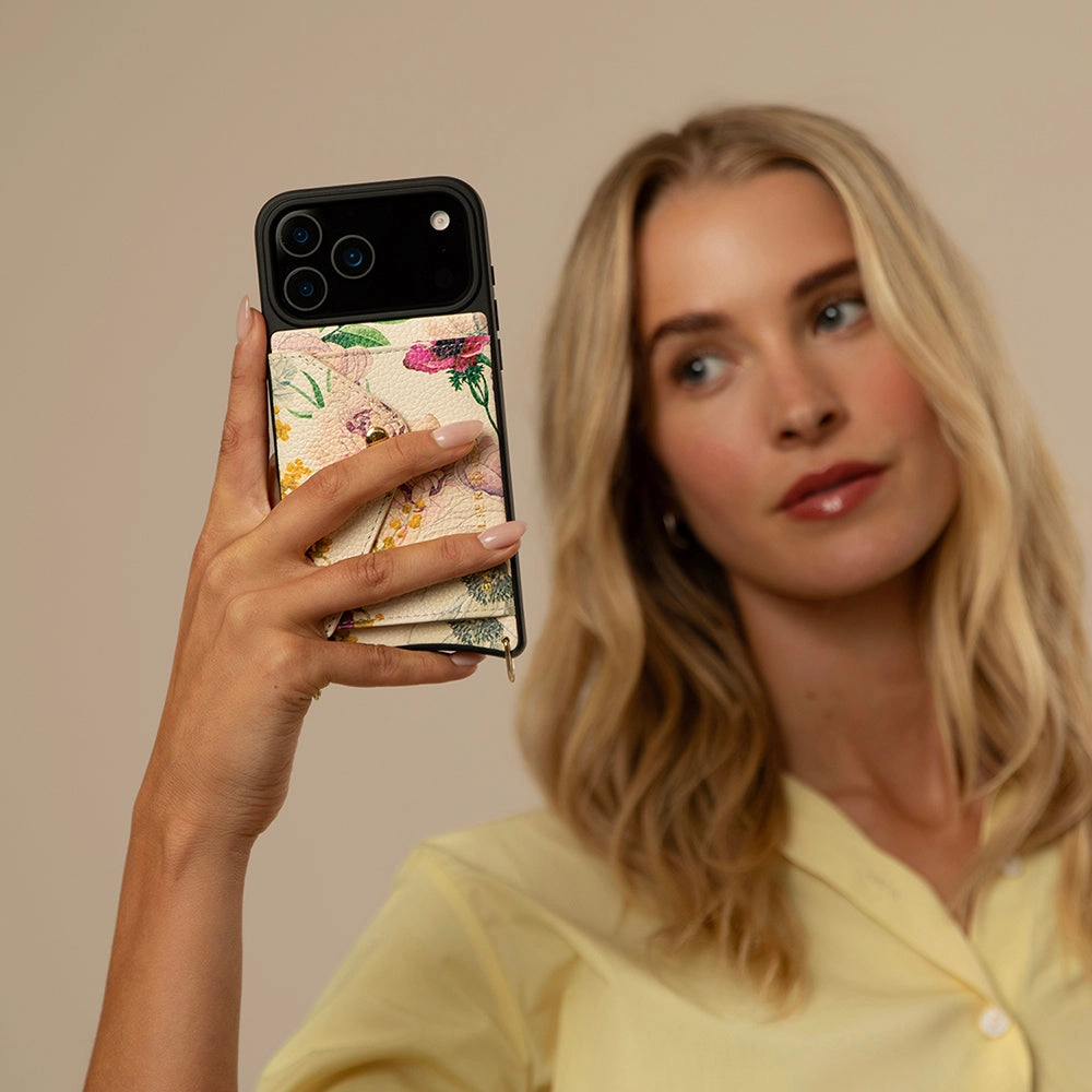 Lily Side Slot Leather Crossbody Bandolier - Ceci Ivory Floral/Gold Reusable Material Ultra Slim