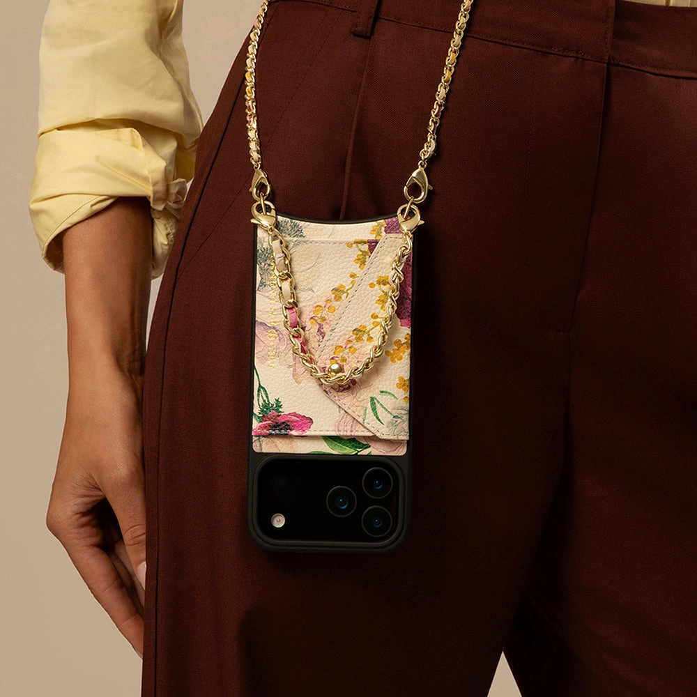 Lily Side Slot Leather Crossbody Bandolier - Ceci Ivory Floral/Gold Easy Removal Modern Form