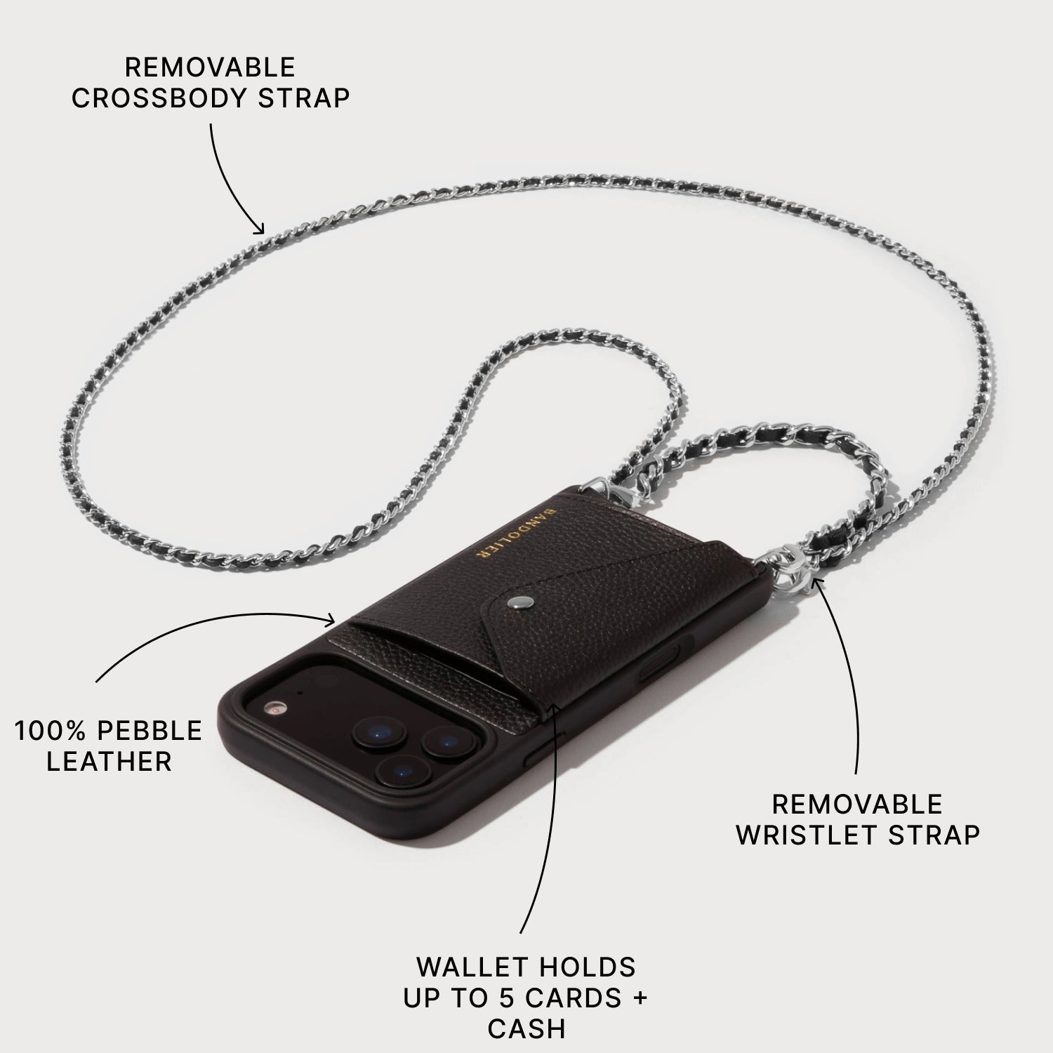 Textured Grip Lily Side Slot Leather Crossbody Bandolier Set - Black/Silver