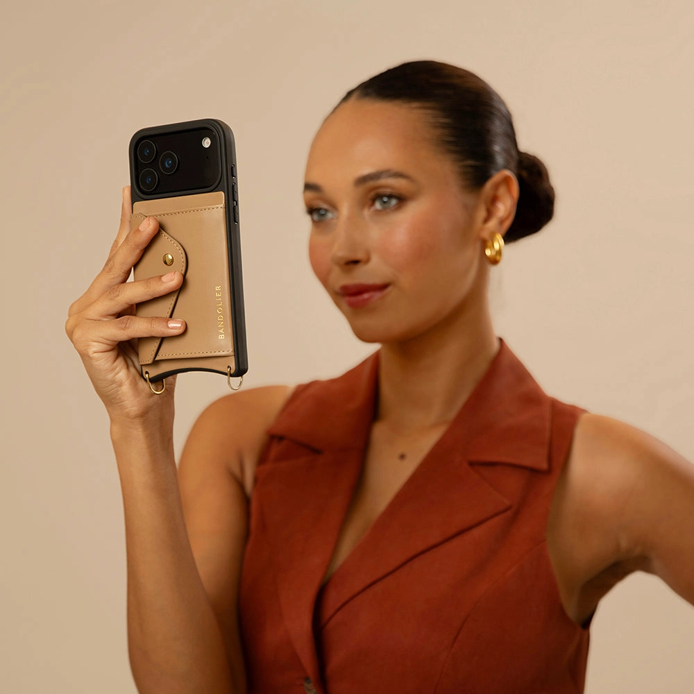 Lily Side Slot Leather Crossbody Bandolier Set - Tan/Gold Rugged Edge Texture