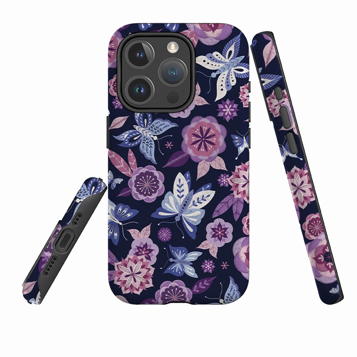 iPhone MagSafe Tough Case -  Butterfly Blooms Navy By Jenny Zemanek Soft Look Texture Comfort Material