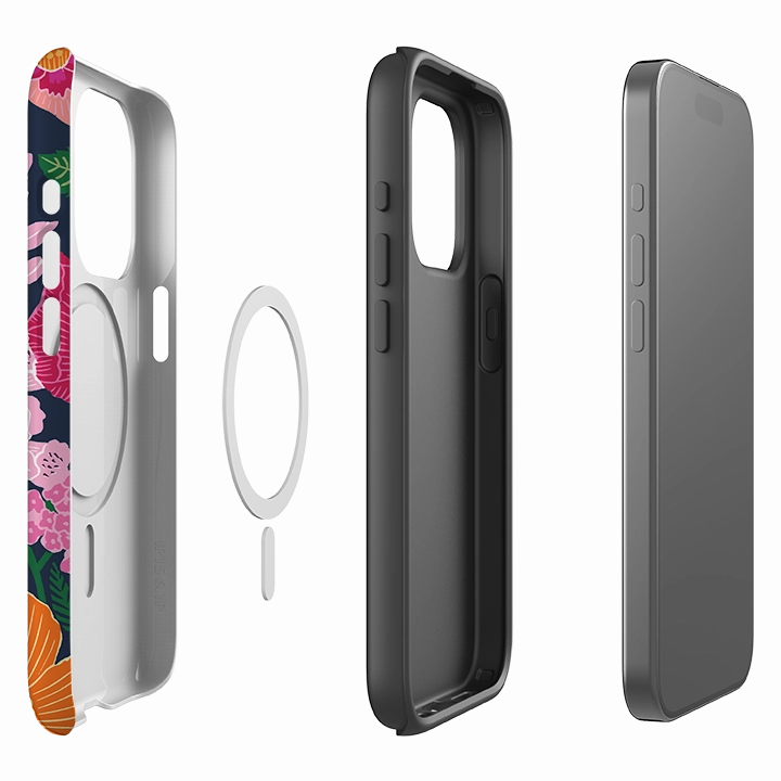 iPhone MagSafe Tough Case -  Flower Garden Navy By Kate Heiss Transparent Shell Rugged Look Finish