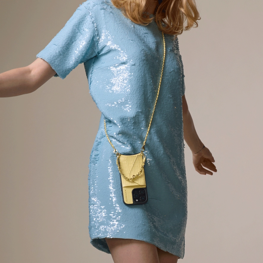 Textured Detail Lily Crossbody Phone Case Set - Butter Yellow Croc/Gold