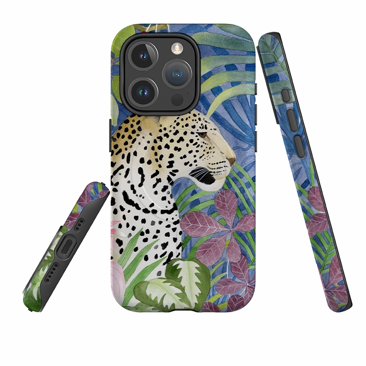 iPhone MagSafe Tough Case - Blue Jungle Leopard By Bex Parkin Hybrid Finish Edge Shield