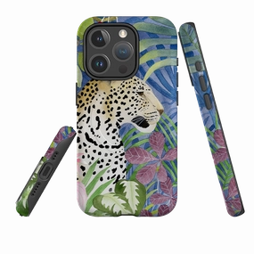 iPhone MagSafe Tough Case - Blue Jungle Leopard By Bex Parkin Hybrid Finish Edge Shield