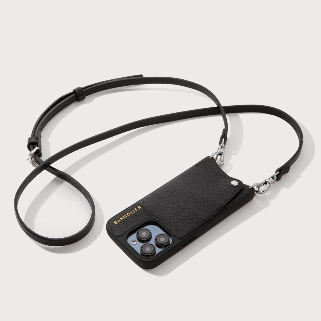 Emma Pebble Leather Crossbody Bandolier - Black/Silver Lightweight texture