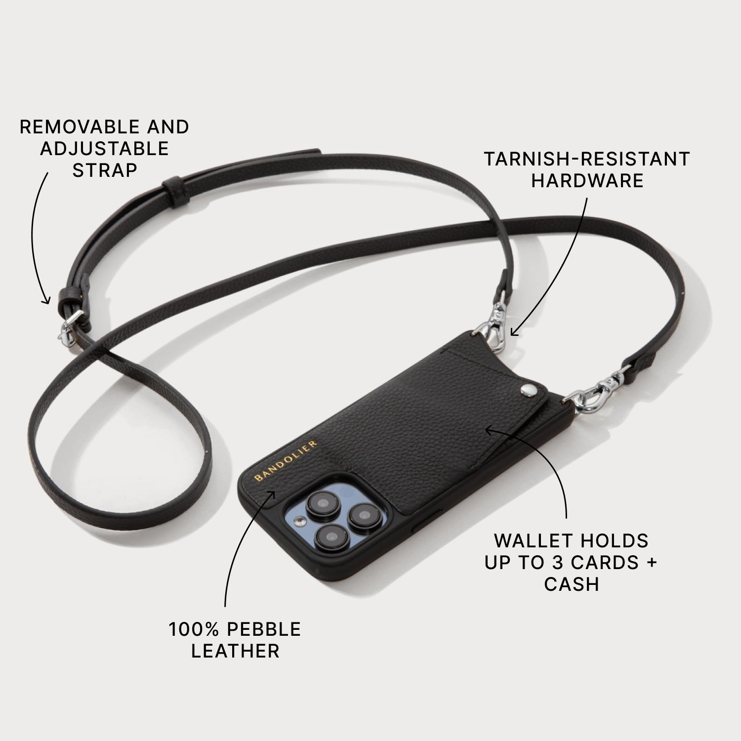 Soft Silicone Ultra Slim Emma Pebble Leather Crossbody Bandolier - Black/Silver