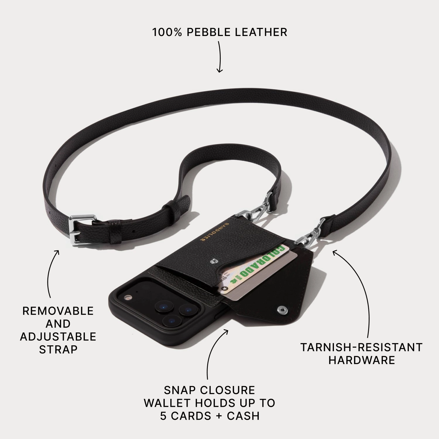 Smooth Protection Hailey Side Slot Leather Crossbody Bandolier - Black/Silver