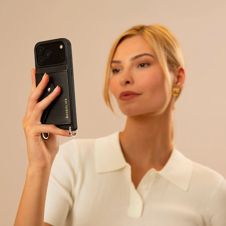 Hailey Side Slot Leather Crossbody Bandolier - Black/Silver Color Accent