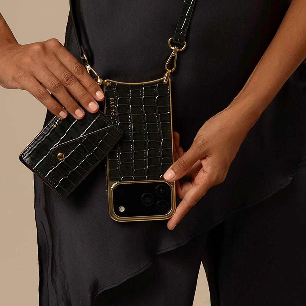 Remi Magnet Wallet Crossbody Phone Case - Black Croc/Gold Daily Grip Modern feature
