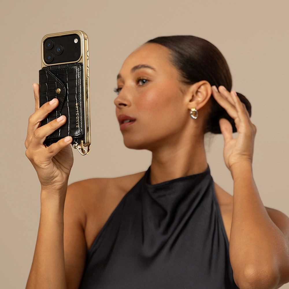 Remi Magnet Wallet Crossbody Phone Case - Black Croc/Gold Tactile Buttons Comfort touch