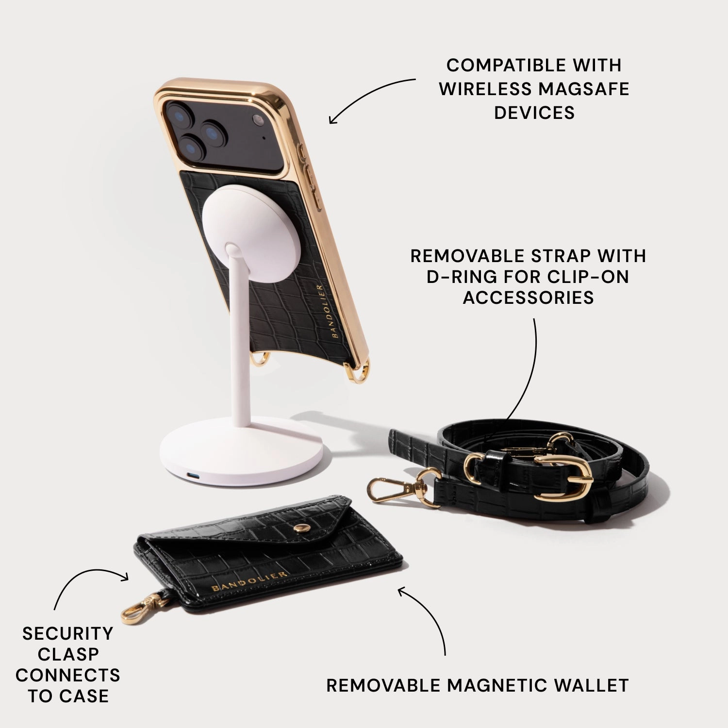 Remi Magnet Wallet Crossbody Phone Case - Black Croc/Gold Glossy Texture Layer